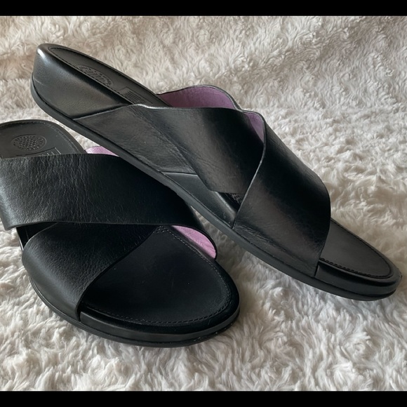 Fitflop Black Leather Crisscross Strap Wedge Slide Sandals Size 8 - Picture 13 of 15